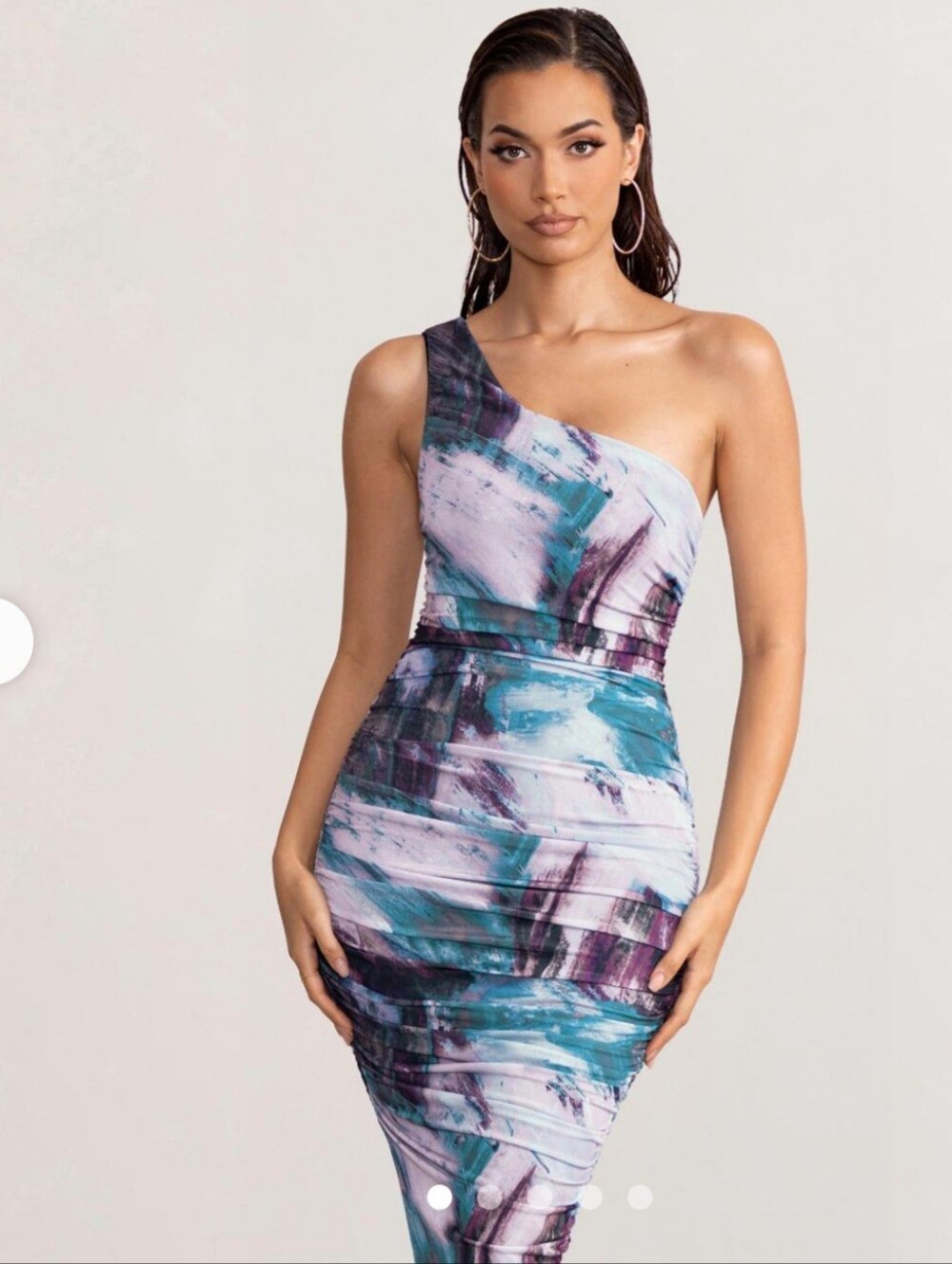 Club L London teal, purple one-shoulder fitted midi dress, abstract print, nwt